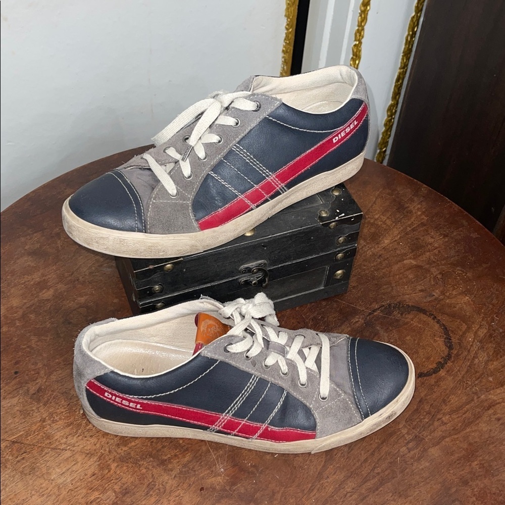 Diesel D-String Low Leather Suede Sneakers Blue Red Gray Size 11